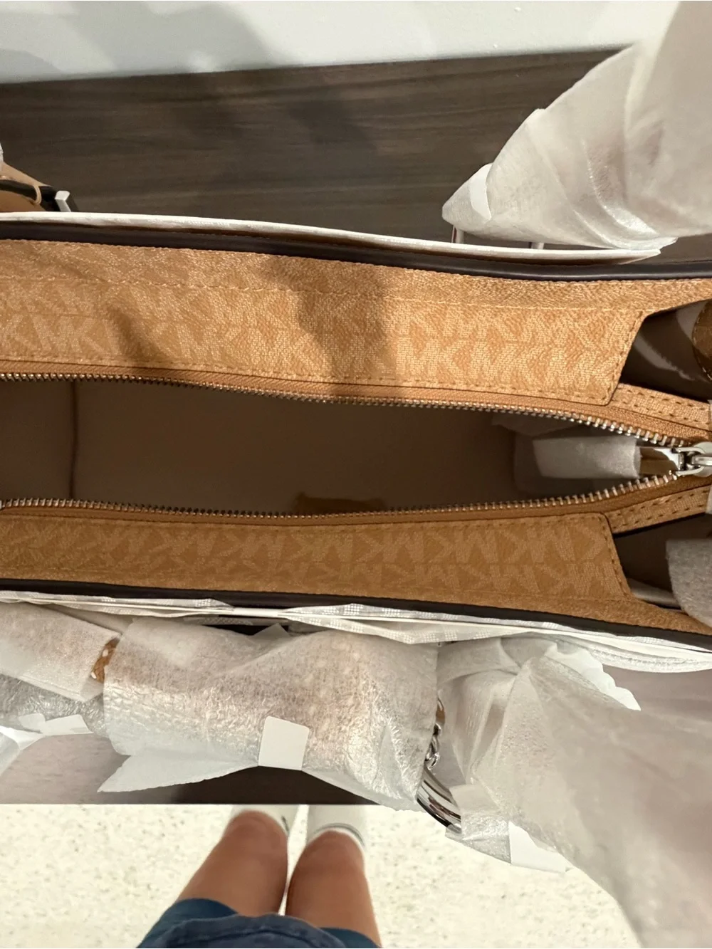 Michael Kors Camel Signature Satchel with Logo Charm